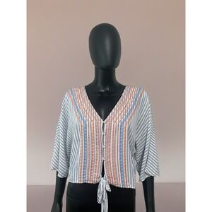 Altar'd State Womens Small Blue White Blouse Stripe Tie Front Boxy Vneck Top A/3